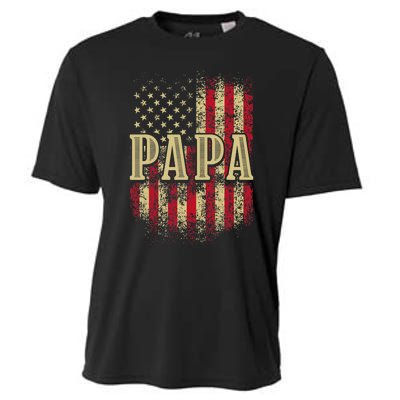 Papa American Flag Patriotic Grandfather Funny Pops Grandpa Cooling Performance Crew T-Shirt