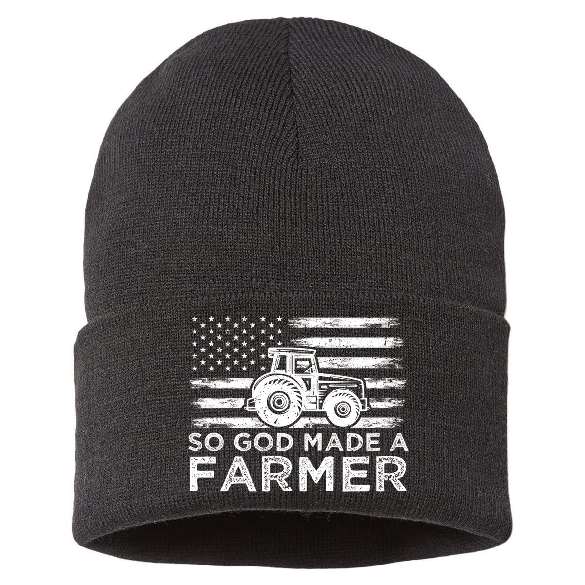 Patriotic American Flag Tractor So God Made A Farmer Gift Sustainable Knit Beanie