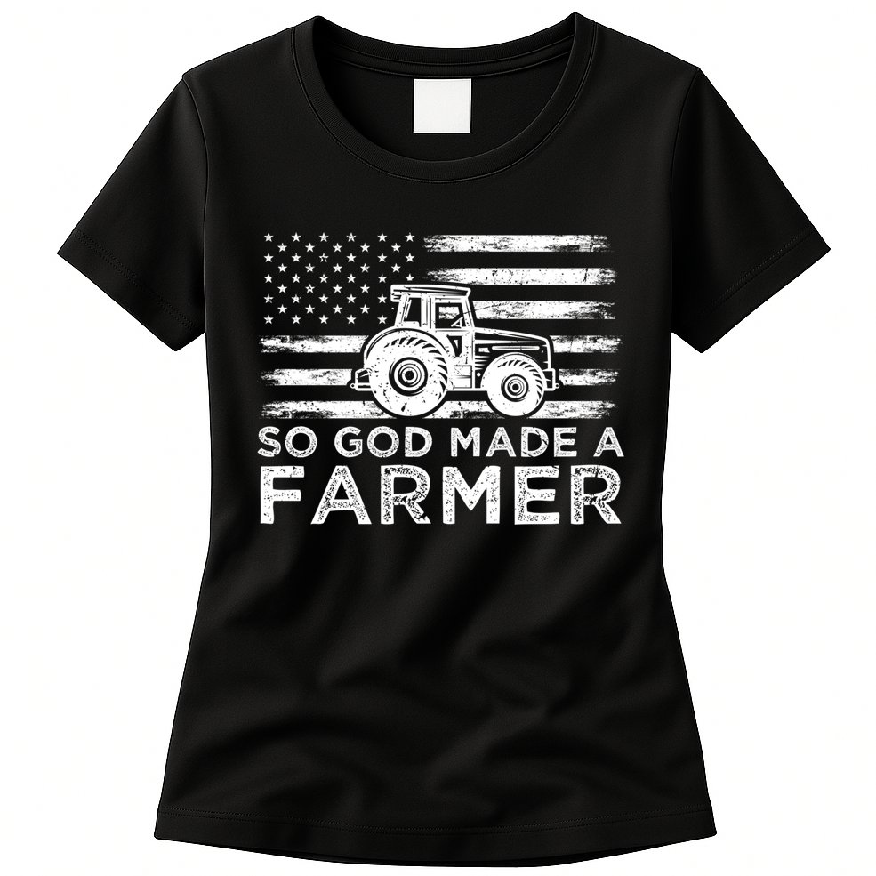 Patriotic American Flag Tractor So God Made A Farmer Gift Womens T-Shirt