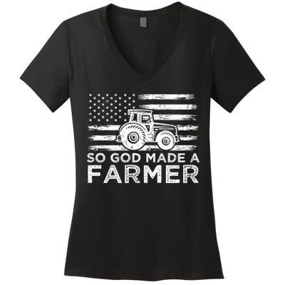 Patriotic American Flag Tractor So God Made A Farmer Gift Women's V-Neck T-Shirt
