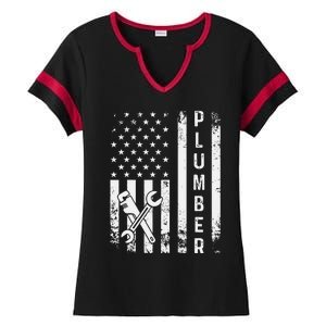 Plumber American Flag Plumbing Ladies Halftime Notch Neck Tee