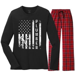 Plumber American Flag Plumbing Women's Long Sleeve Flannel Pajama Set 