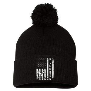 Plumber American Flag Plumbing Pom Pom 12in Knit Beanie