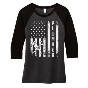 Plumber American Flag Plumbing Women's Tri-Blend 3/4-Sleeve Raglan Shirt