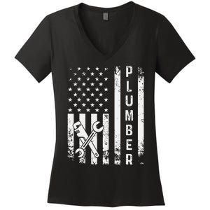 Plumber American Flag Plumbing Women's V-Neck T-Shirt