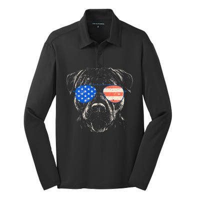 Pitbull American Flag 4th Of July Pitbull Dad Mom Dog Lover Silk Touch Performance Long Sleeve Polo