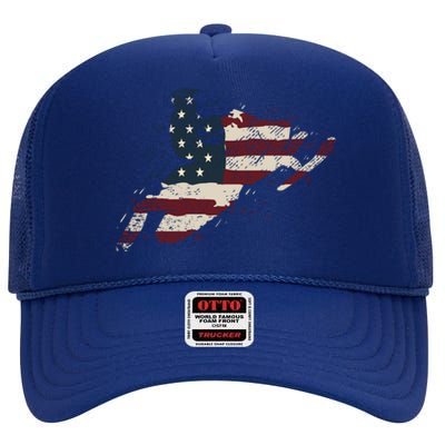 Proud American Flag Snowmobiling Gift Snowmobile Riding Gift High Crown Mesh Back Trucker Hat