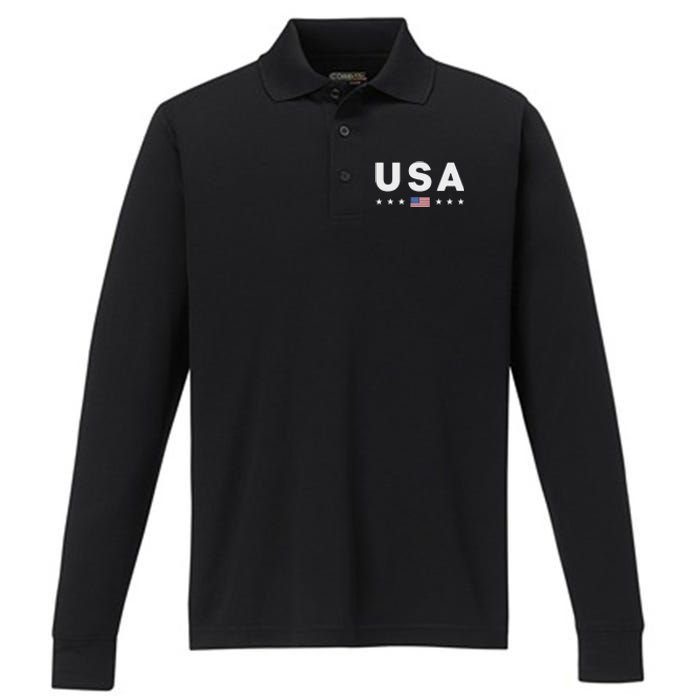 Patriotic American Flag 4th Of July Performance Long Sleeve Polo