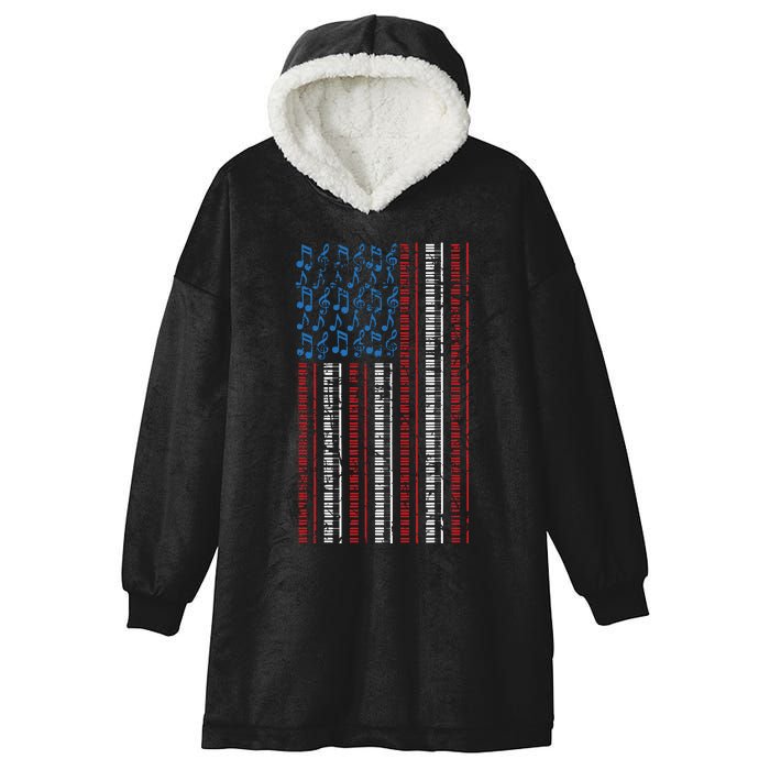 Piano American Flag 4th Of July Men Women Pianist USA Vintage Hooded Wearable Blanket