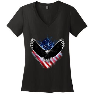 Patriotic American Flag Bald Eagle Women's V-Neck T-Shirt