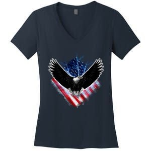 Patriotic American Flag Bald Eagle Women's V-Neck T-Shirt