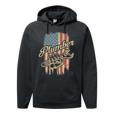 Plumber American Flag Plumbing Gift Pipe Wrench Patriotic Performance Fleece Hoodie