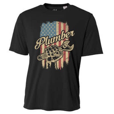 Plumber American Flag Plumbing Gift Pipe Wrench Patriotic Cooling Performance Crew T-Shirt