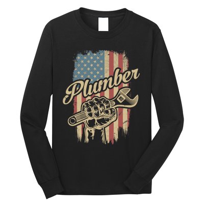 Plumber American Flag Plumbing Gift Pipe Wrench Patriotic Long Sleeve Shirt