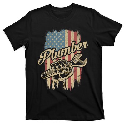 Plumber American Flag Plumbing Gift Pipe Wrench Patriotic T-Shirt