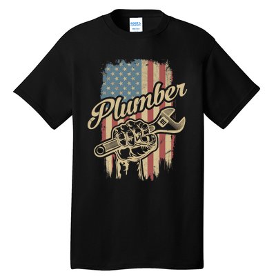 Plumber American Flag Plumbing Gift Pipe Wrench Patriotic Tall T-Shirt