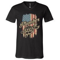 Plumber American Flag Plumbing Gift Pipe Wrench Patriotic V-Neck T-Shirt