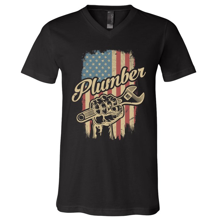 Plumber American Flag Plumbing Gift Pipe Wrench Patriotic V-Neck T-Shirt