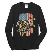 Plumber American Flag Plumbing Gift Pipe Wrench Patriotic Tall Long Sleeve T-Shirt