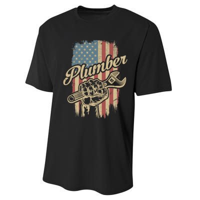 Plumber American Flag Plumbing Gift Pipe Wrench Patriotic Performance Sprint T-Shirt