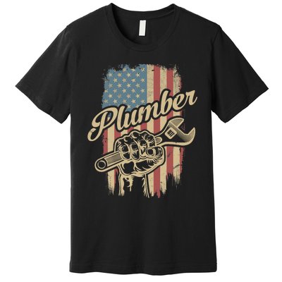 Plumber American Flag Plumbing Gift Pipe Wrench Patriotic Premium T-Shirt