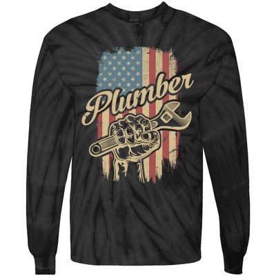 Plumber American Flag Plumbing Gift Pipe Wrench Patriotic Tie-Dye Long Sleeve Shirt