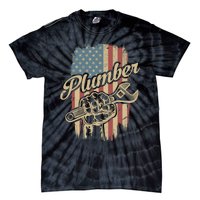 Plumber American Flag Plumbing Gift Pipe Wrench Patriotic Tie-Dye T-Shirt