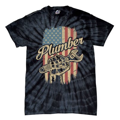 Plumber American Flag Plumbing Gift Pipe Wrench Patriotic Tie-Dye T-Shirt