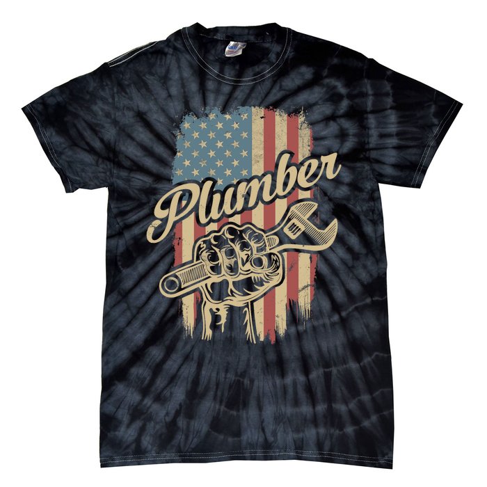 Plumber American Flag Plumbing Gift Pipe Wrench Patriotic Tie-Dye T-Shirt