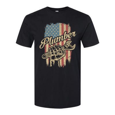 Plumber American Flag Plumbing Gift Pipe Wrench Patriotic Softstyle CVC T-Shirt