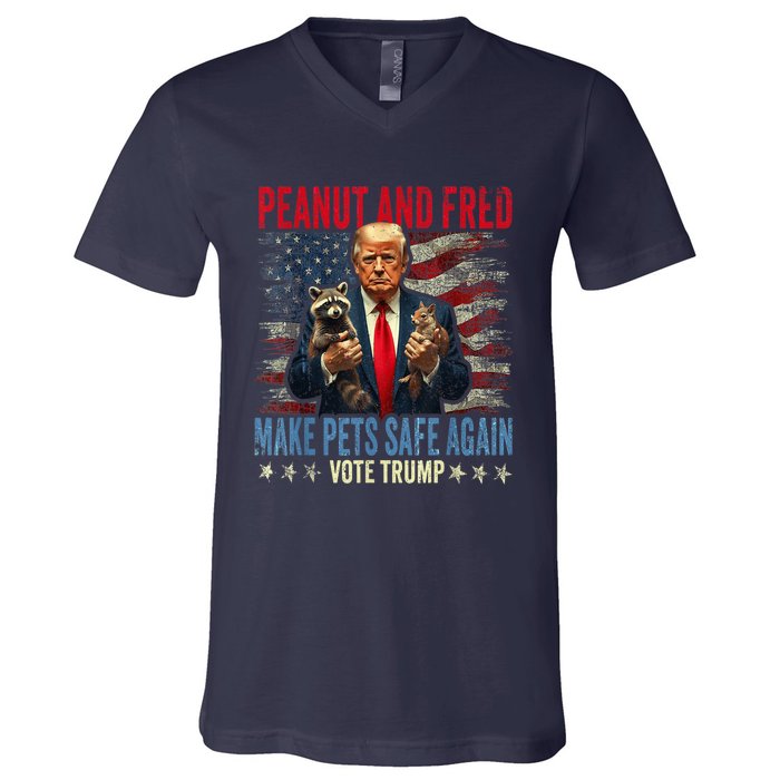 Peanut And Fred Make Pets Safe Again Trump 2024 Usa Grunged Flag V-Neck T-Shirt