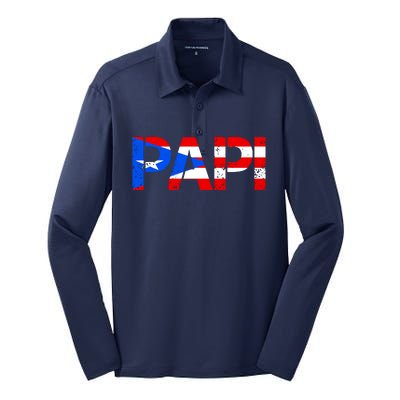 Papi American Flag Vintage Father's Day Silk Touch Performance Long Sleeve Polo