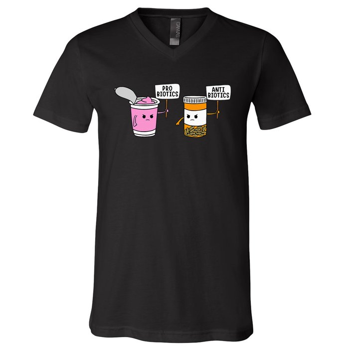 Probiotics Antibiotic Fun Medical Cartoon Pun V-Neck T-Shirt