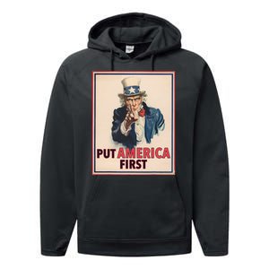 Put America First Poster Trump 2024 Patriotic American Performance Fleece Hoodie