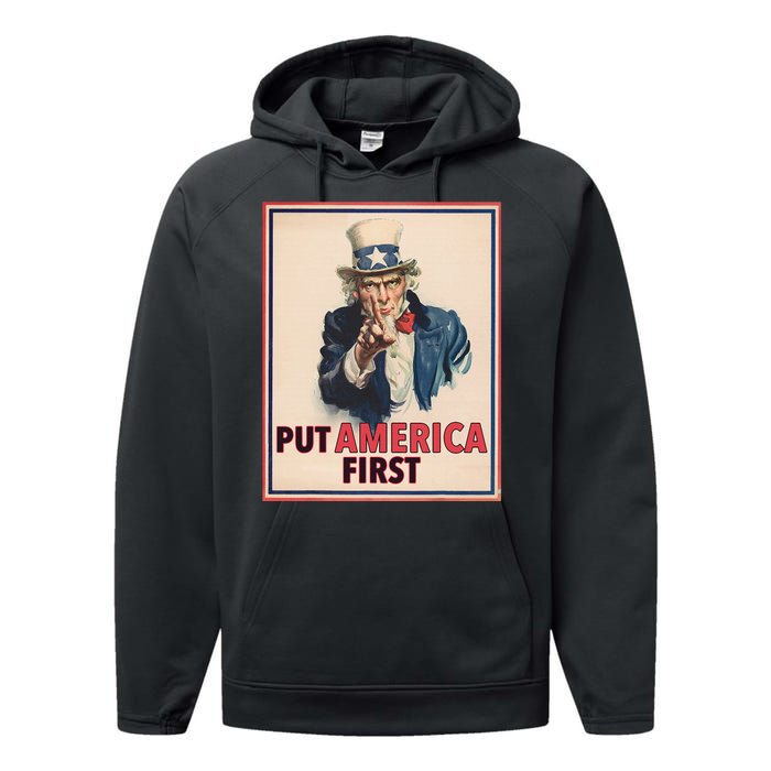 Put America First Poster Trump 2024 Patriotic American Performance Fleece Hoodie