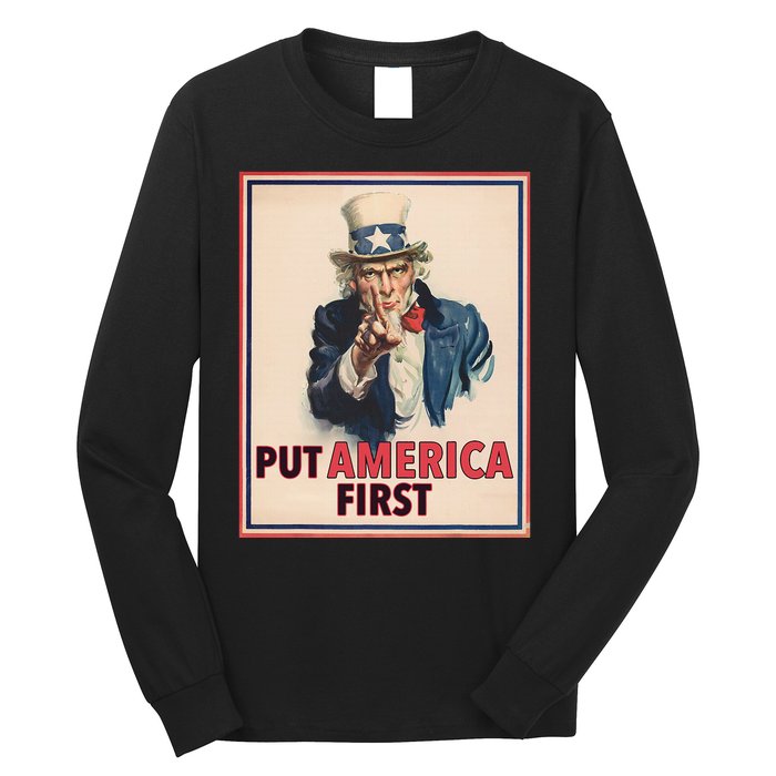 Put America First Poster Trump 2024 Patriotic American Long Sleeve Shirt