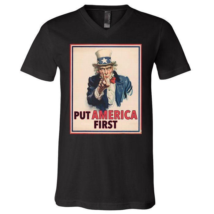 Put America First Poster Trump 2024 Patriotic American V-Neck T-Shirt