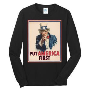 Put America First Poster Trump 2024 Patriotic American Tall Long Sleeve T-Shirt