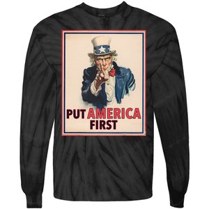 Put America First Poster Trump 2024 Patriotic American Tie-Dye Long Sleeve Shirt