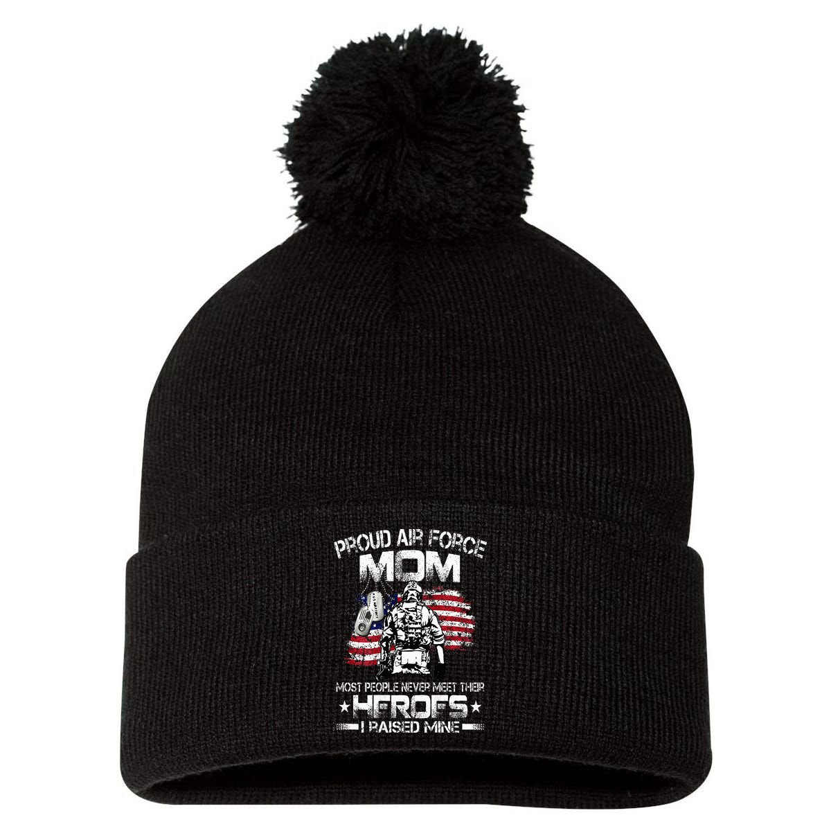 Proud Air Force Mom Air Force Graduation Mom USAF Heroes Pom Pom 12in Knit Beanie