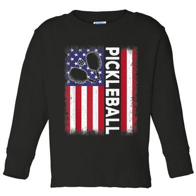 Pickleball American Flag Funny Pickleball Lover Toddler Long Sleeve Shirt