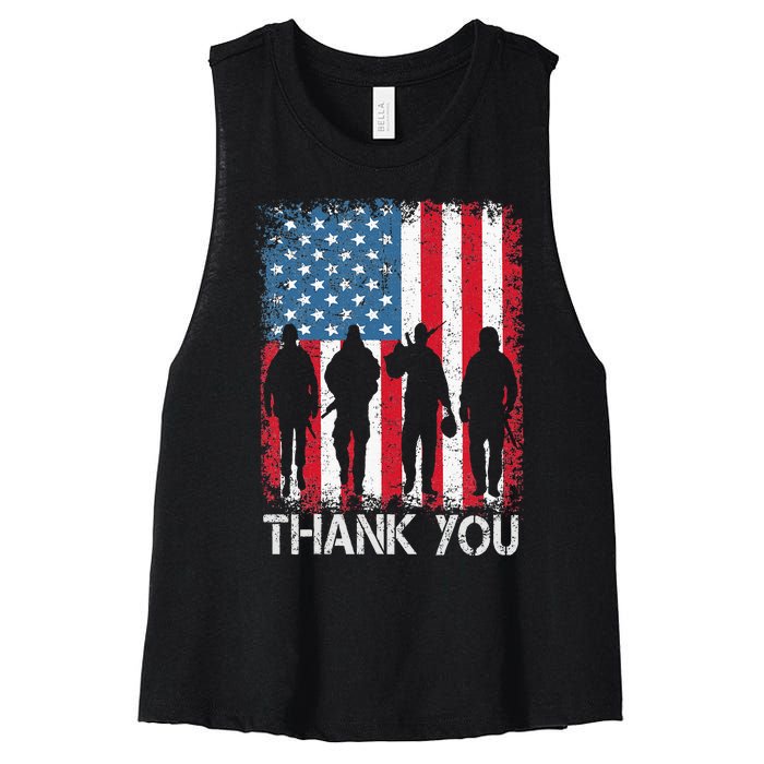 Patriotic American Flag Thank You Women's Racerback Cropped Tank