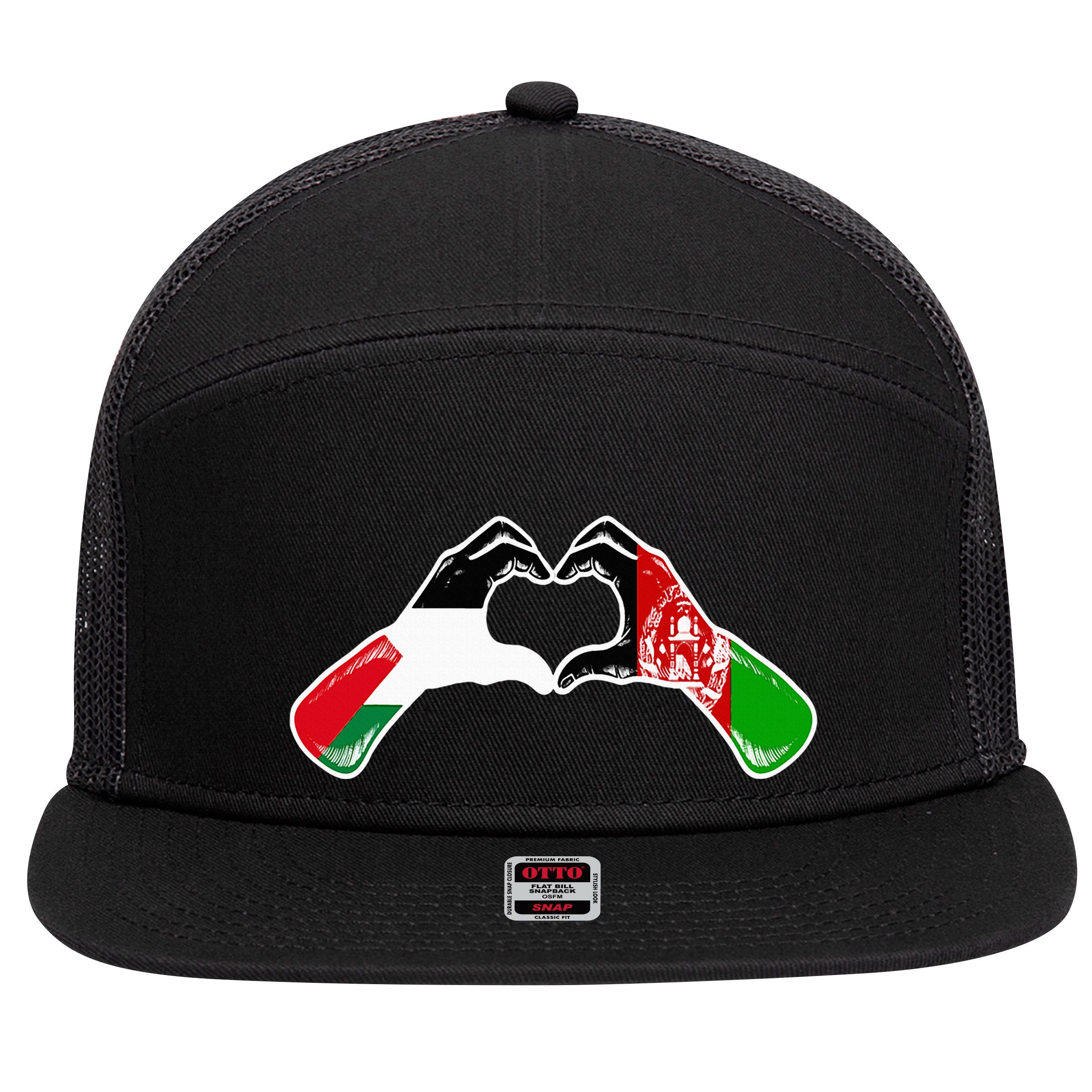 Palestine Afghanistan Flag Palestinian Afghan Heart 7 Panel Mesh Trucker Snapback Hat