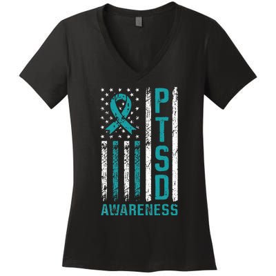 PTSD Awareness Flag Post Traumatic Stress Disorder Warrior Women's V-Neck T-Shirt