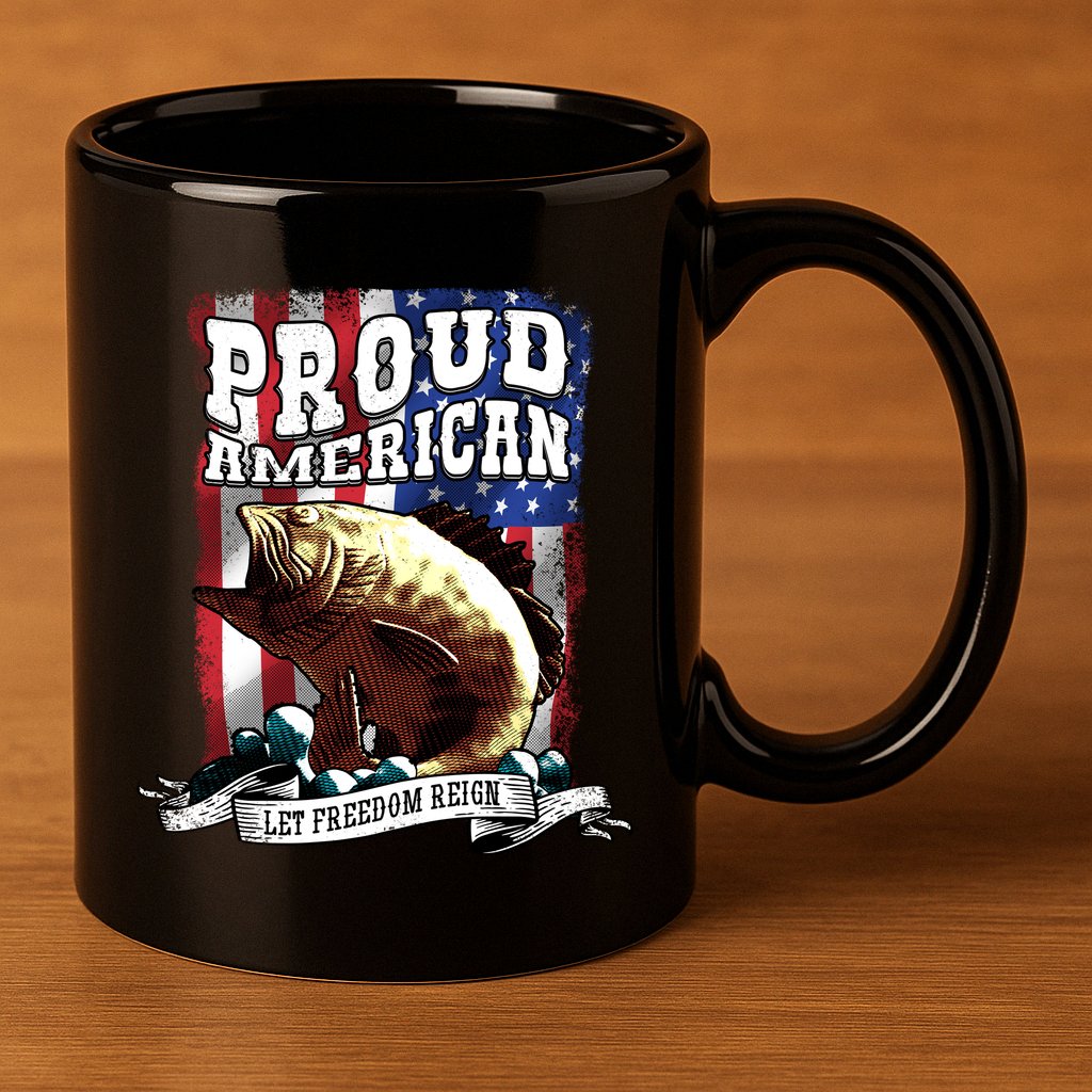 Proud American Flag Let Freedom Reign Fishing 11oz C Handle Ceramic Mug