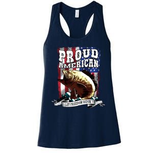 Proud American Flag Let Freedom Reign Fishing Women's Racerback Tank