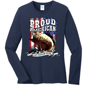 Proud American Flag Let Freedom Reign Fishing Ladies Long Sleeve Shirt