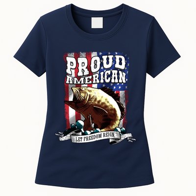 Proud American Flag Let Freedom Reign Fishing Womens T-Shirt