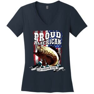 Proud American Flag Let Freedom Reign Fishing Women's V-Neck T-Shirt