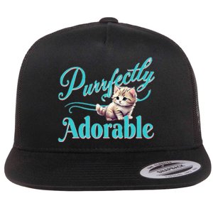 Purrfectly Adorable Fluffy Kitten Kitty Cat Funny Graphic Flat Bill Trucker Hat